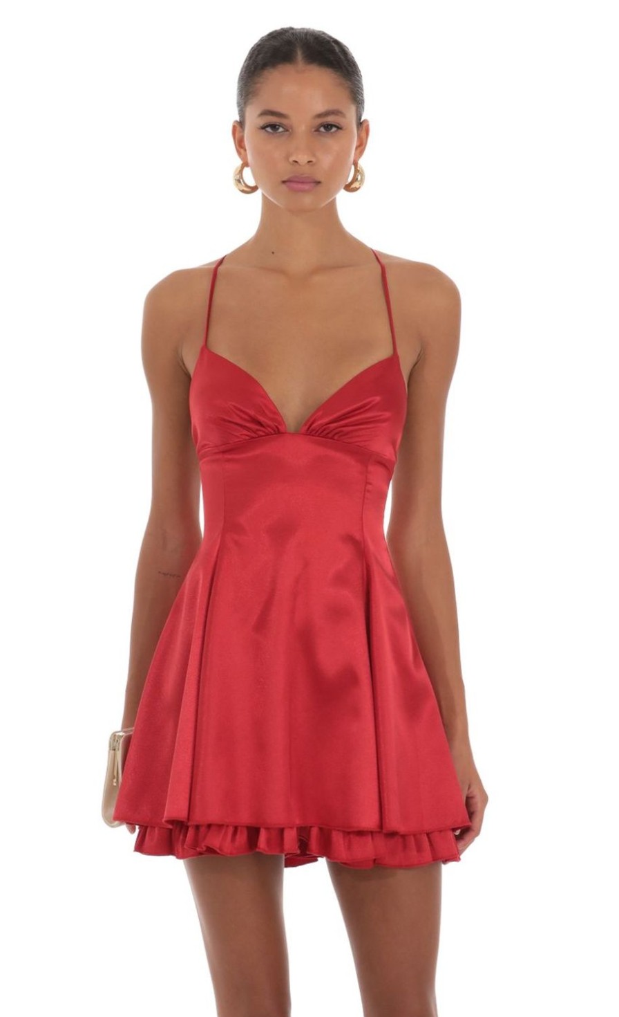 Clothing LUCY IN THE SKY | Ambrosia Satin Flare Dress In Red | Lucy In The Sky