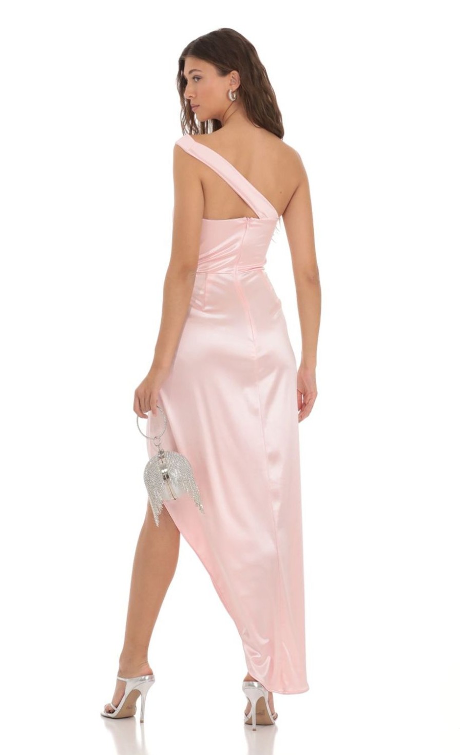 Clothing LUCY IN THE SKY | Cross One Shoulder Satin Dress In Pink | Lucy In The Sky