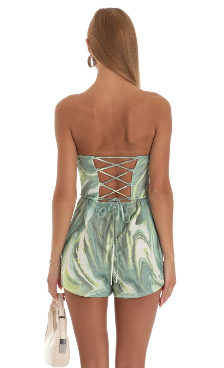 Clothing LUCY IN THE SKY | Sinead Strapless Romper In Green Swirl | Lucy In The Sky