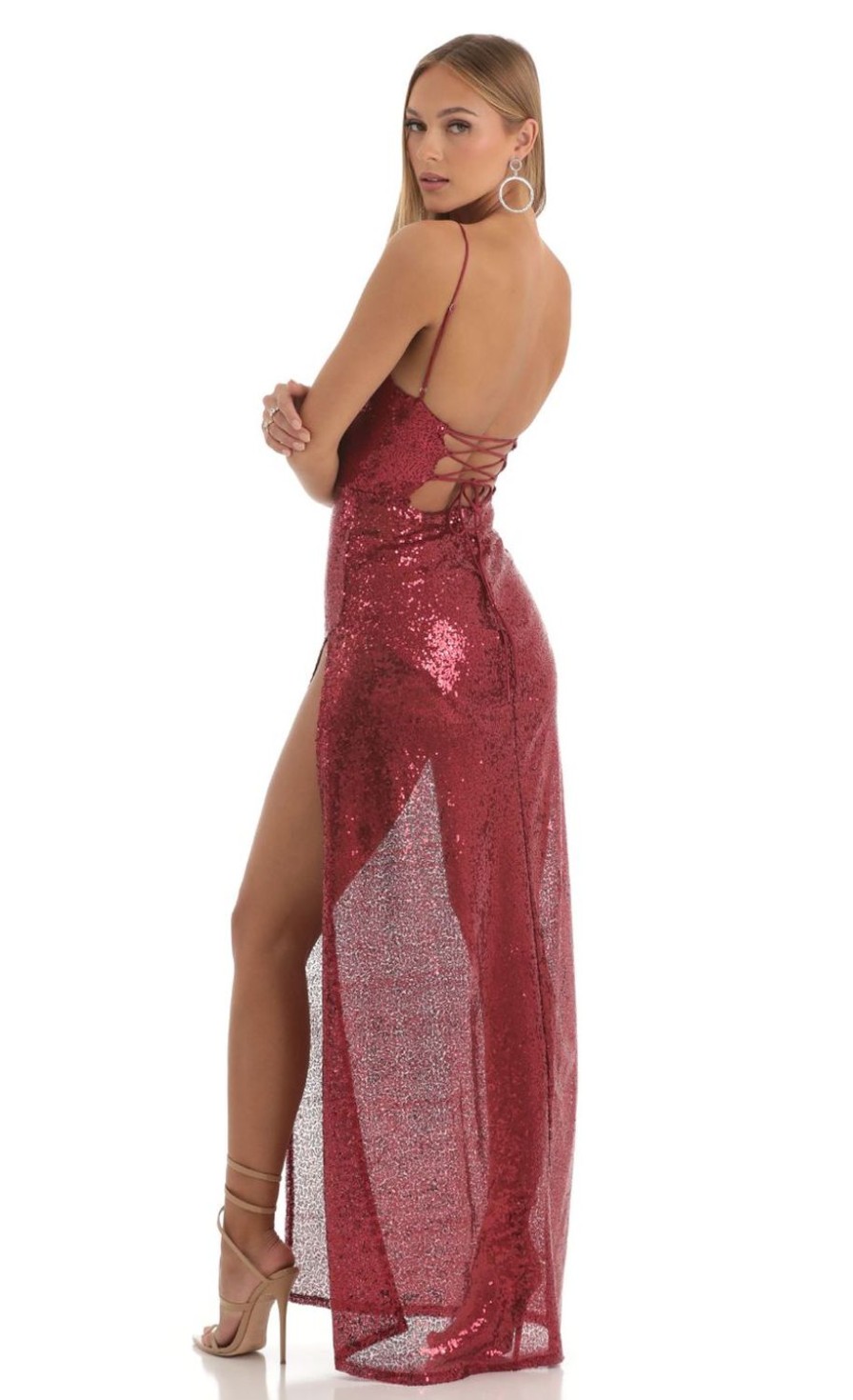 Clothing LUCY IN THE SKY | Cosima Sequin Cowl Neck Maxi Dress In Red | Lucy In The Sky