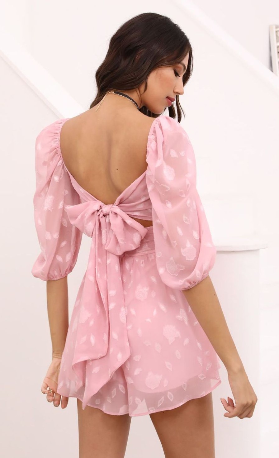 Clothing LUCY IN THE SKY | Nora Puff Sleeve Floral Romper In Pink | Lucy In The Sky