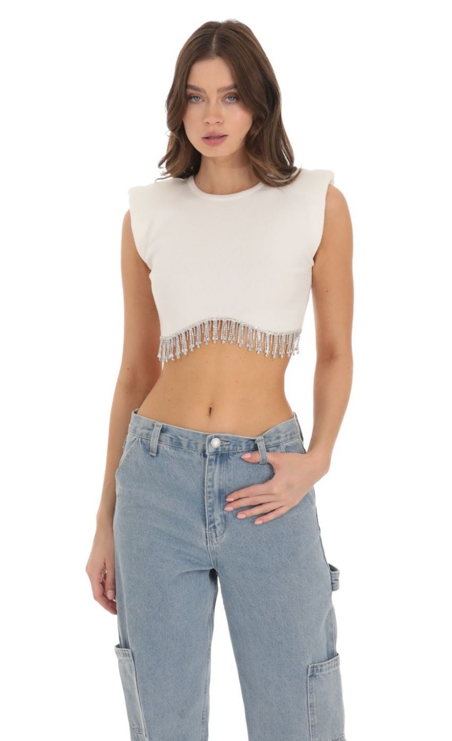 Clothing LUCY IN THE SKY | Rhinestone Fringe Knit Top In White | Lucy In The Sky