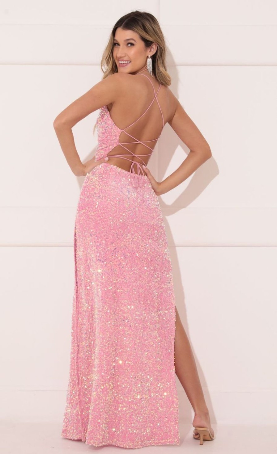 Clothing LUCY IN THE SKY | Lissy Velvet Sequin Maxi Dress In Pink | Lucy In The Sky