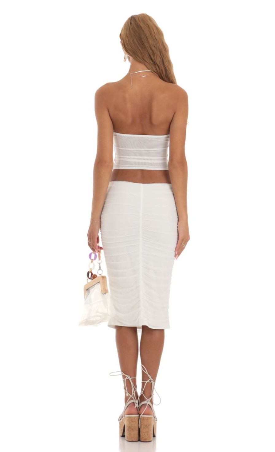 Clothing LUCY IN THE SKY | Aminah Mesh Ruched Two Piece Set In White | Lucy In The Sky