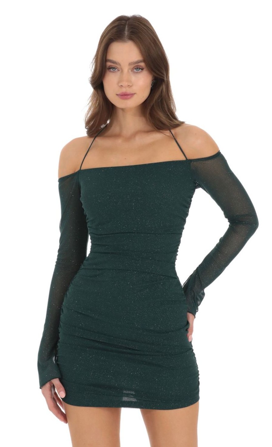 Clothing LUCY IN THE SKY | Off Shoulder Shimmer Bodycon Dress In Green | Lucy In The Sky